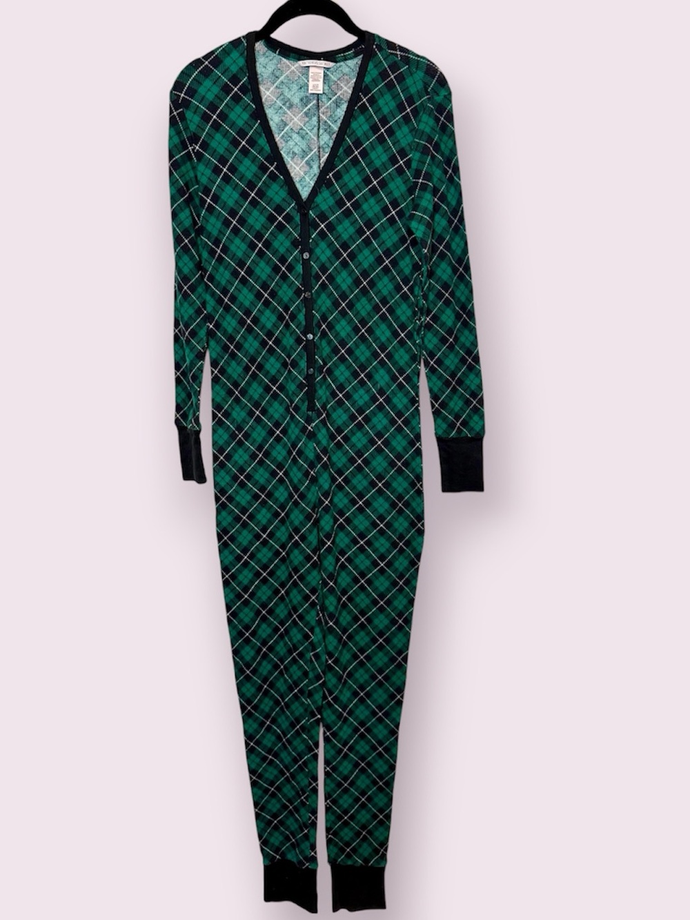 Victoria's Secret Thermal Henley Long One-Piece Onesie Pajama Green Black Plaid